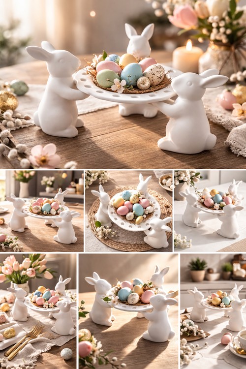 3 Osterhasen mit Servierschale – Handgemachte Keramik Deko – Lebensmittelecht