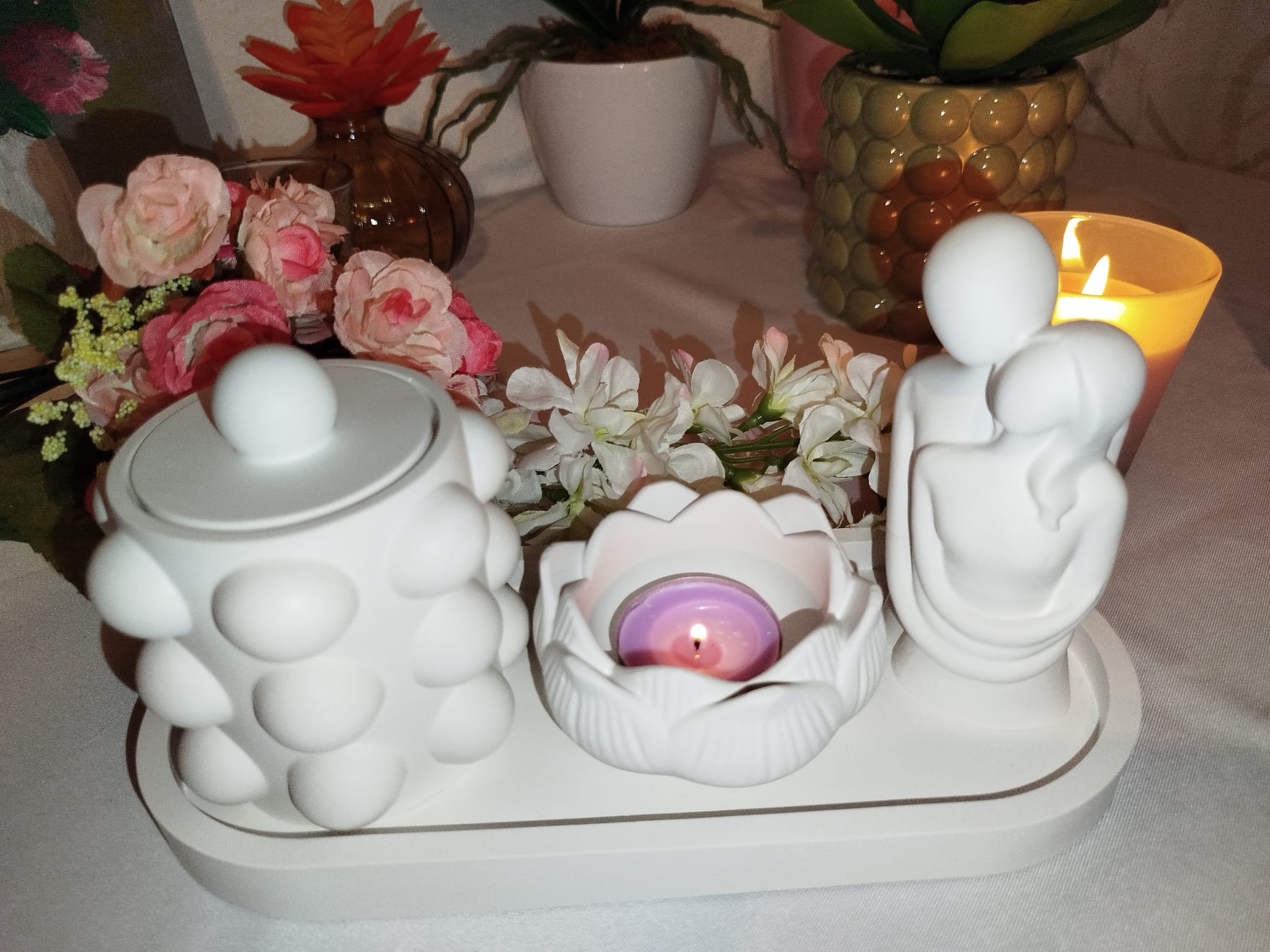 Großes Keramik Deko Set Handgemacht – Tablett mit Bubble Dose, Lotus Kerzenhalter & Paar Figur | Modernes Wohnaccessoire