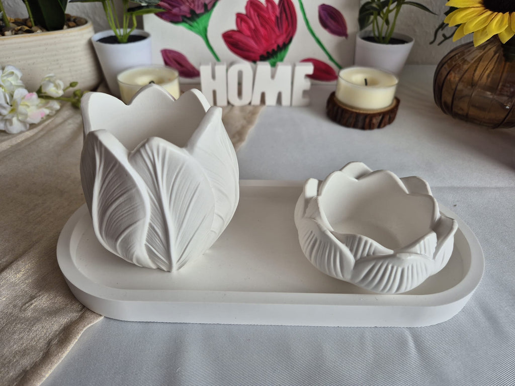 Handgemachtes Keramik Deko Set Weiß – Vase, Lotus Kerzenhalter & Tablett | Elegante Wohnaccessoires