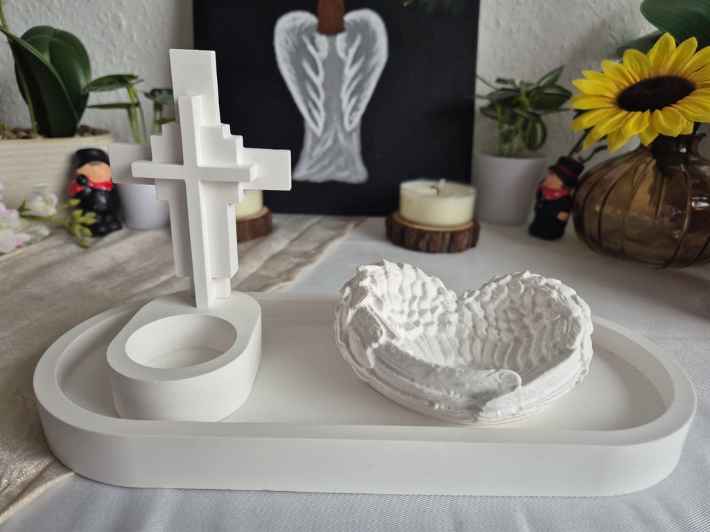 Handgemachtes Gebets- & Erinnerungsset mit Kreuz und Engelsflügeln – spirituelle Dekoration für Gebetsecke, Gedenkort & Seele