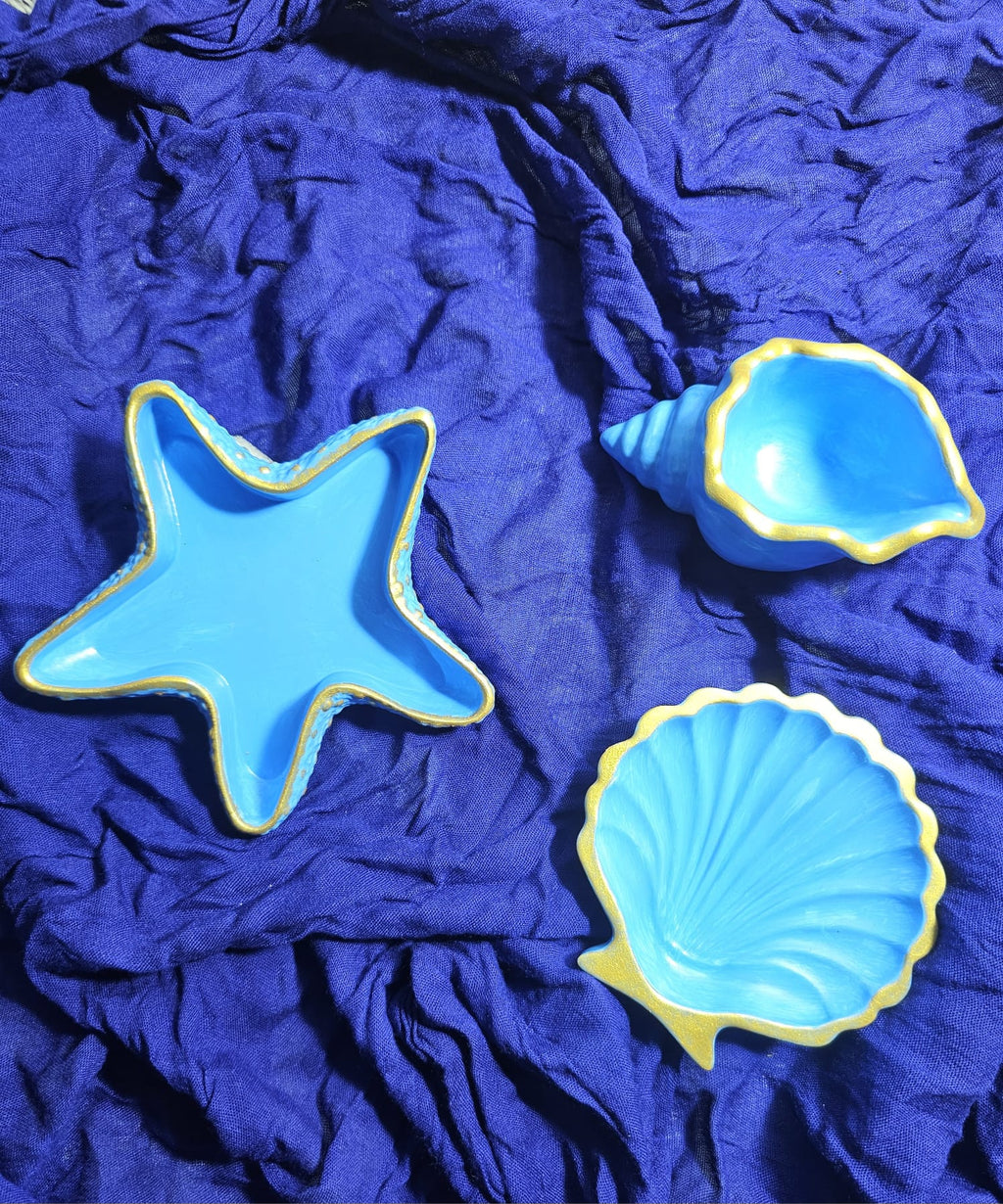 Maritimes Schmuckschalen Set Blau-Gold – Handgemachte Keramik Muschel & Seestern Deko