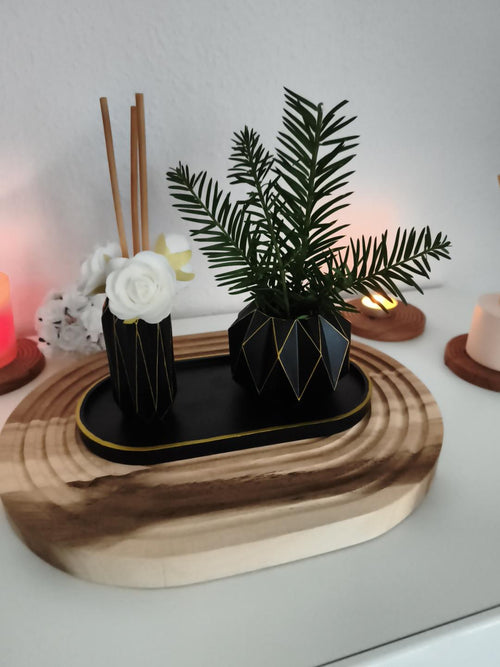 Deko Set Schwarz Gold – Handgefertigte Vasen & Tablett | Moderne Wohndeko