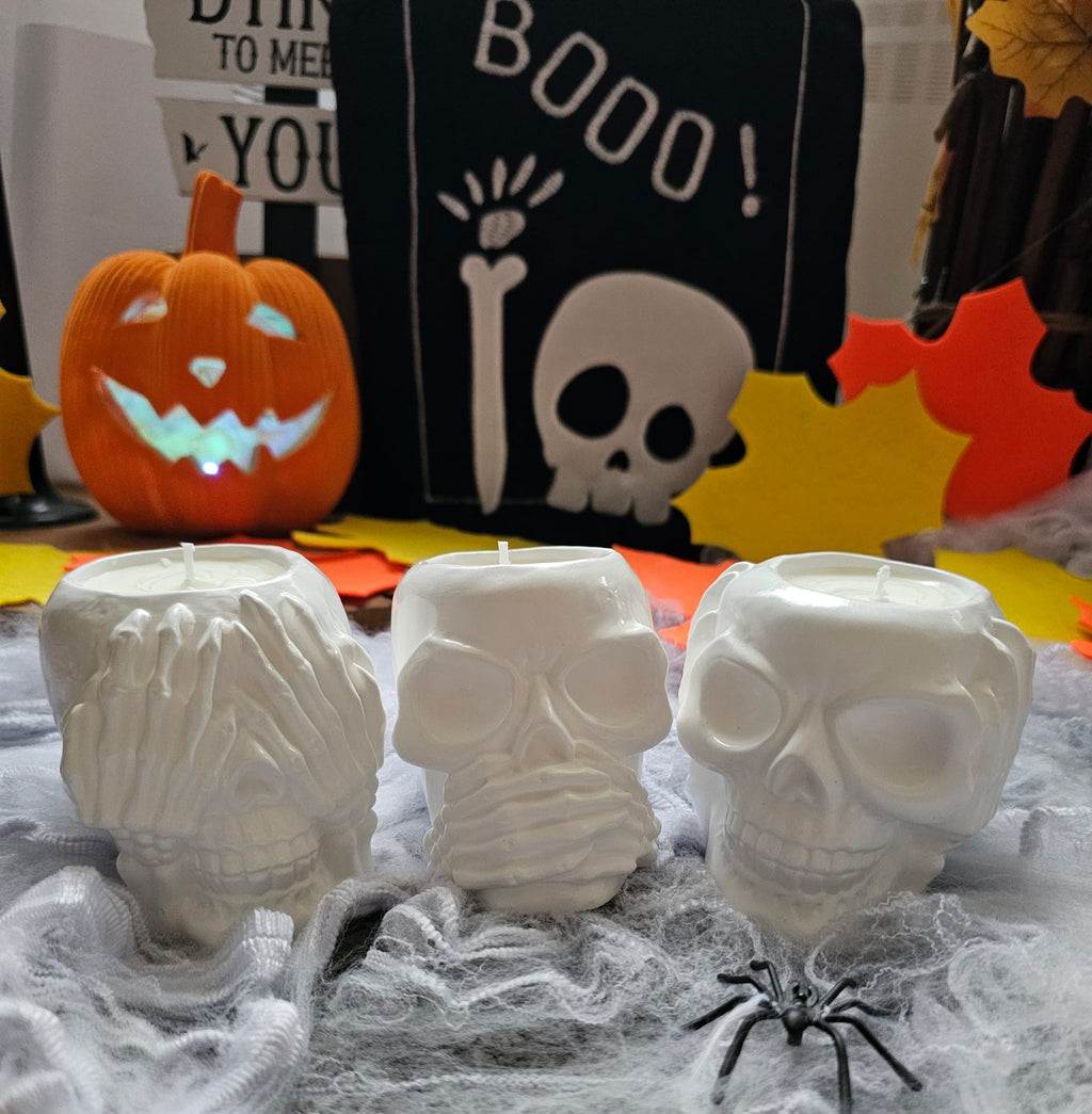 3er Set Totenkopf Duftkerzen – Halloween Deko aus Sojawachs