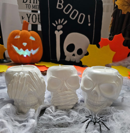 3er Set Totenkopf Duftkerzen – Halloween Deko aus Sojawachs
