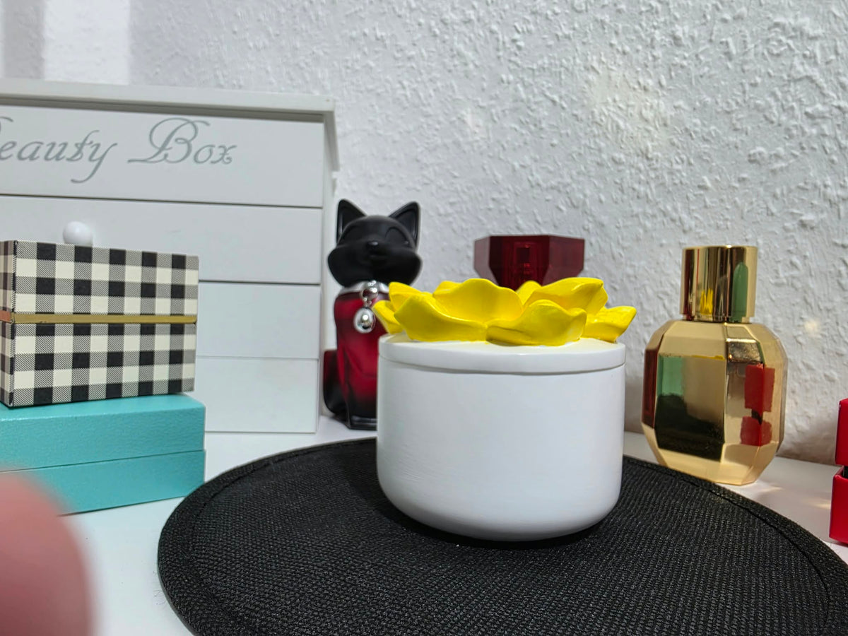 Gelbe Blumen-Schmuckdose mit Deckel – Handgemachte Aufbewahrungsdose