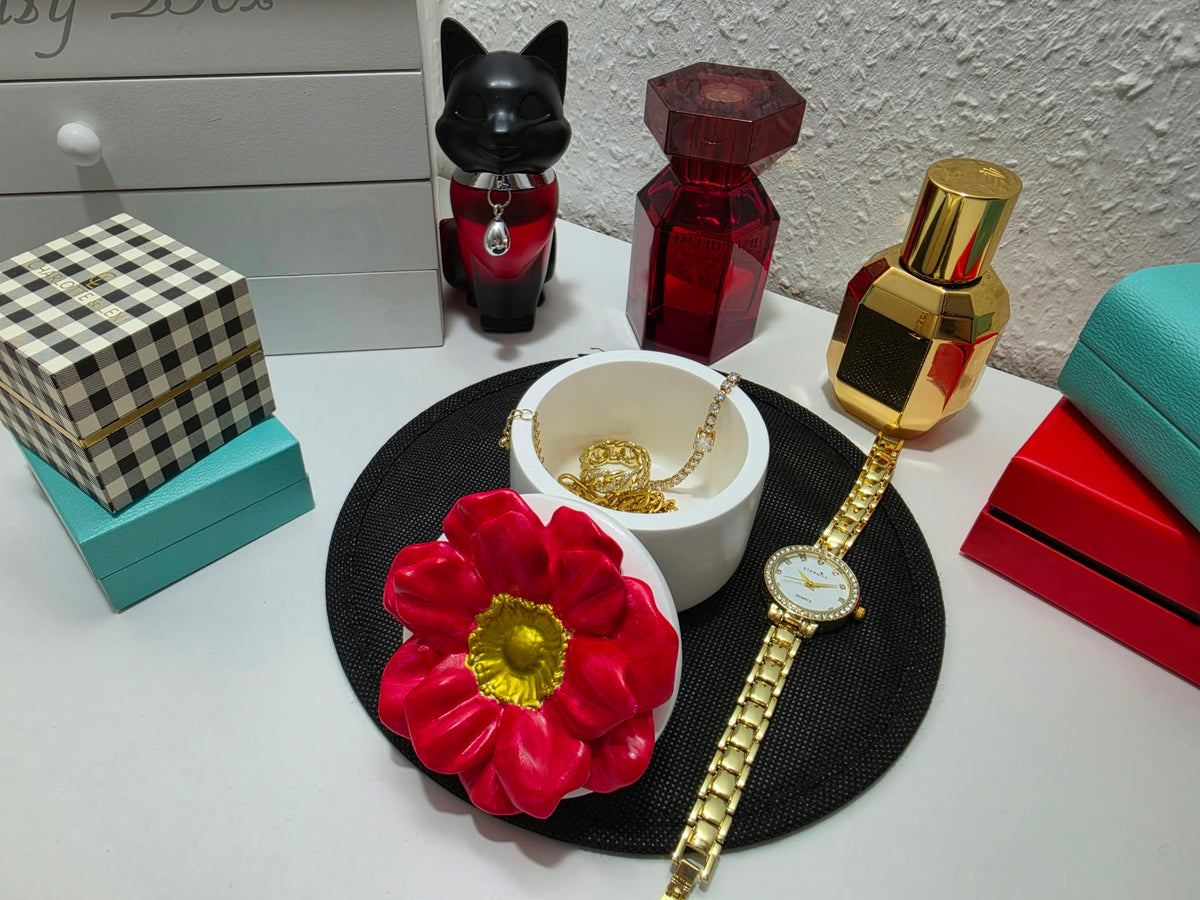 Blumen-Schmuckdose Rot-Gold mit Deckel – Handgemachte Aufbewahrungsdose