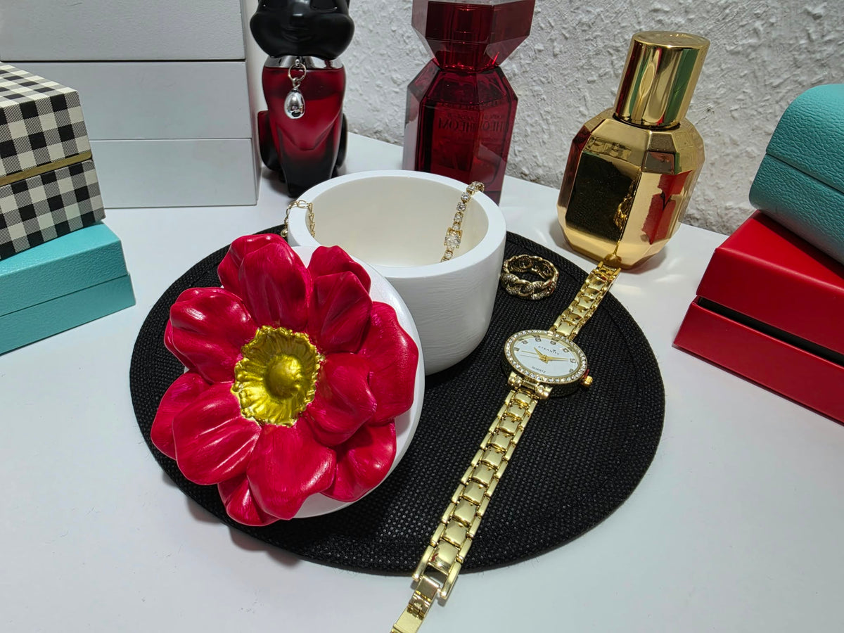 Blumen-Schmuckdose Rot-Gold mit Deckel – Handgemachte Aufbewahrungsdose