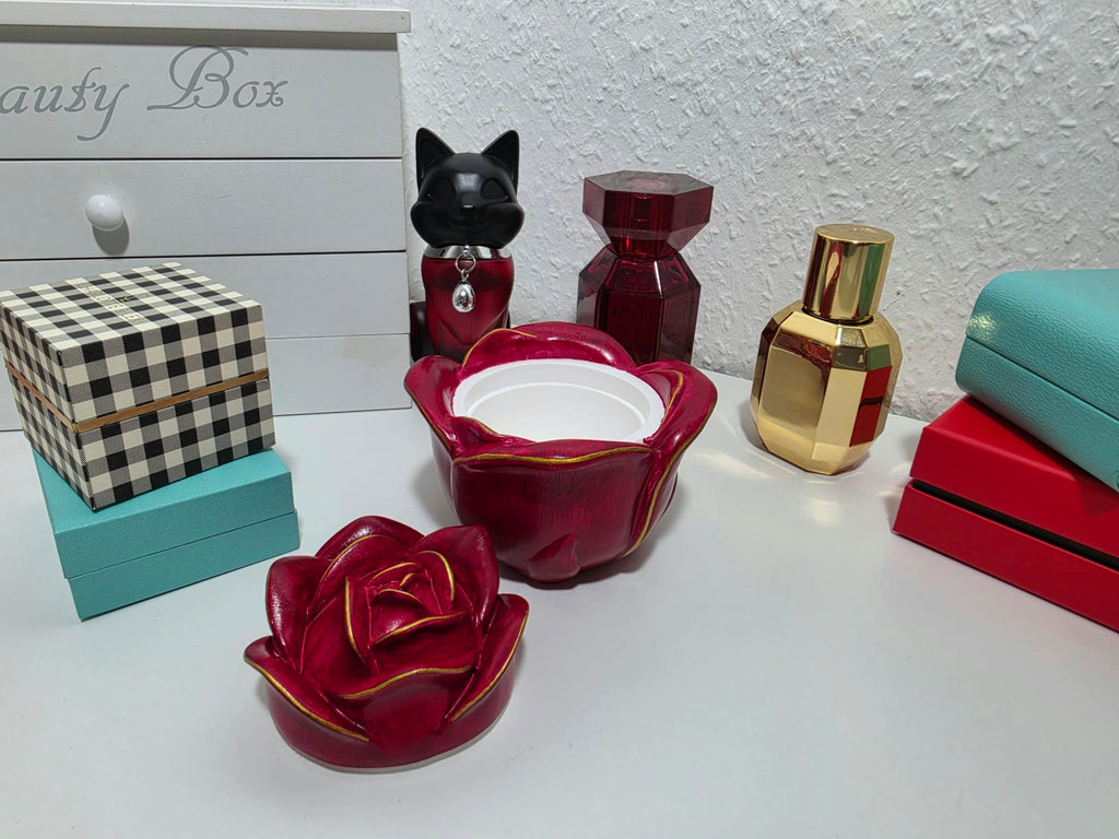 Rote Rosen-Schmuckdose mit Deckel – Handbemalte Aufbewahrungsdose mit Goldakzenten
