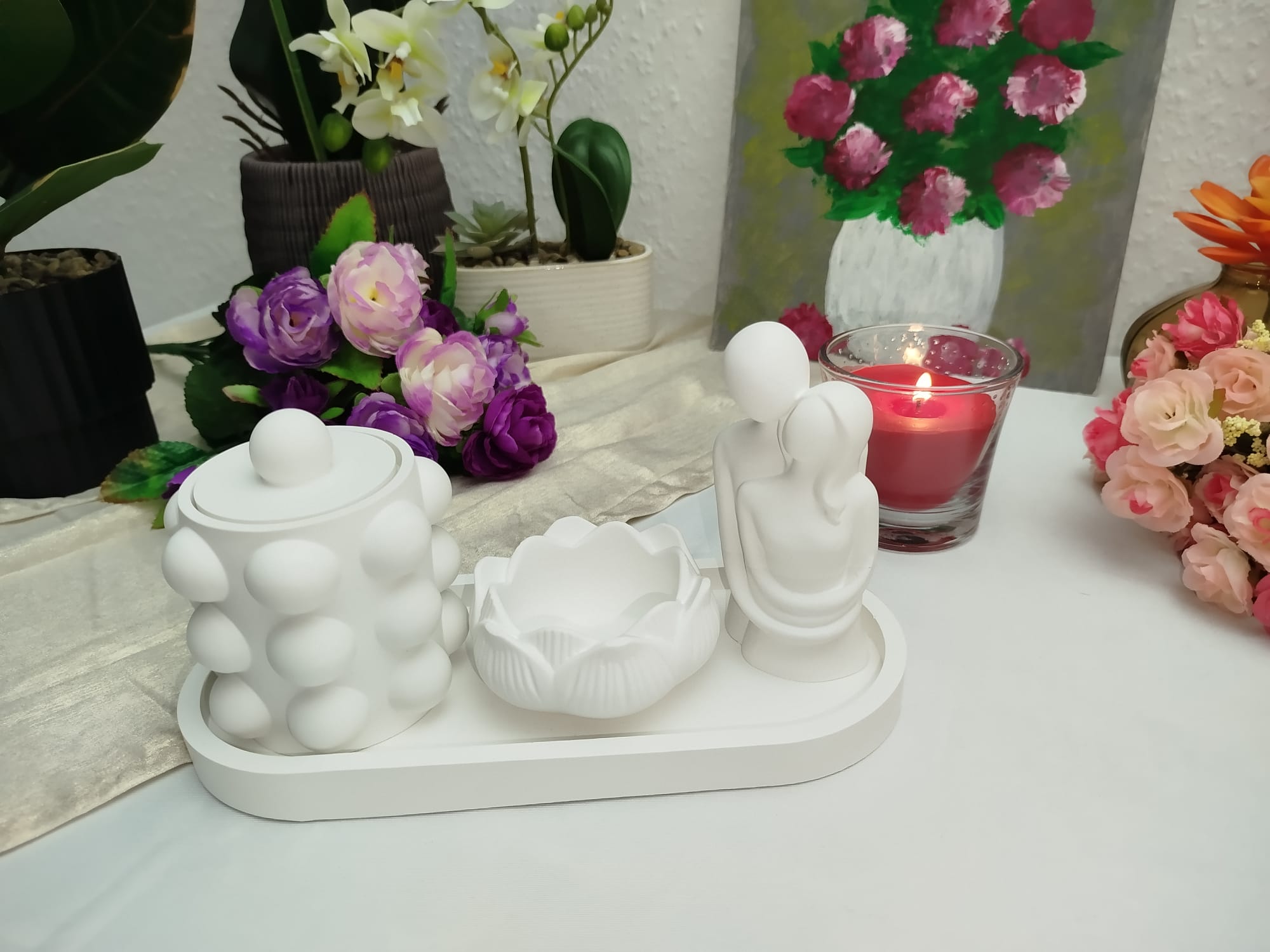 Großes Keramik Deko Set Handgemacht – Tablett mit Bubble Dose, Lotus Kerzenhalter & Paar Figur | Modernes Wohnaccessoire
