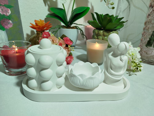 Großes Keramik Deko Set Handgemacht – Tablett mit Bubble Dose, Lotus Kerzenhalter & Paar Figur | Modernes Wohnaccessoire