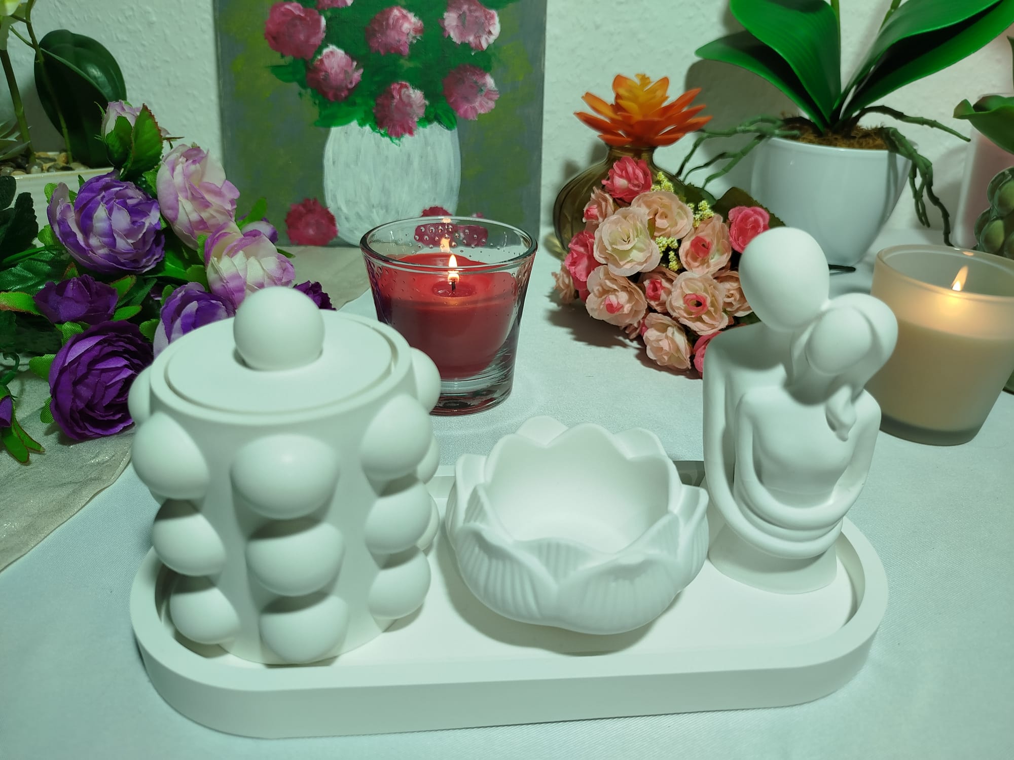 Großes Keramik Deko Set Handgemacht – Tablett mit Bubble Dose, Lotus Kerzenhalter & Paar Figur | Modernes Wohnaccessoire