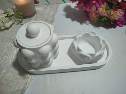 Elegantes Keramik Deko Set in Weiß – Tablett mit Lotus-Kerzenhalter & Dose | Modern & Handgefertigt
