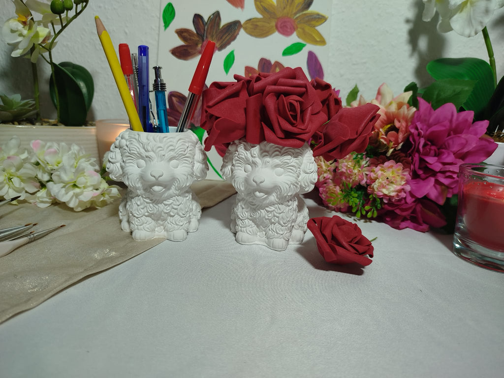 Keramik Hund zum Bemalen – DIY Blumentopf / Stiftehalter / Kerzenhalter – Rohkeramik Deko