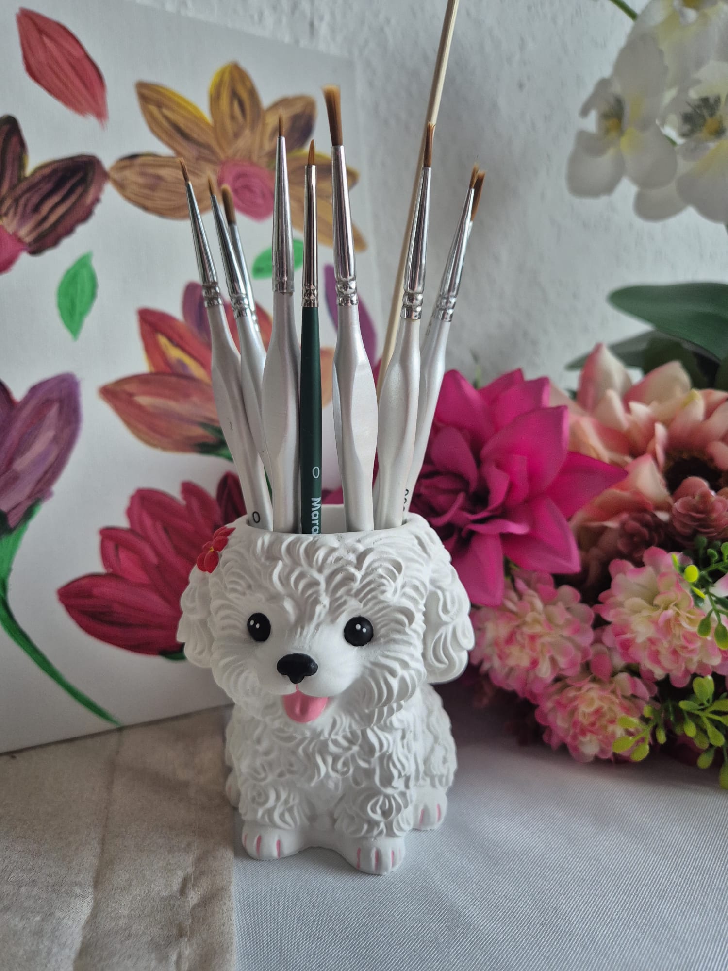 Keramik Hund Deko handbemalt – Blumentopf / Stiftehalter / Kerzenhalter – Geschenk für Hundeliebhaber