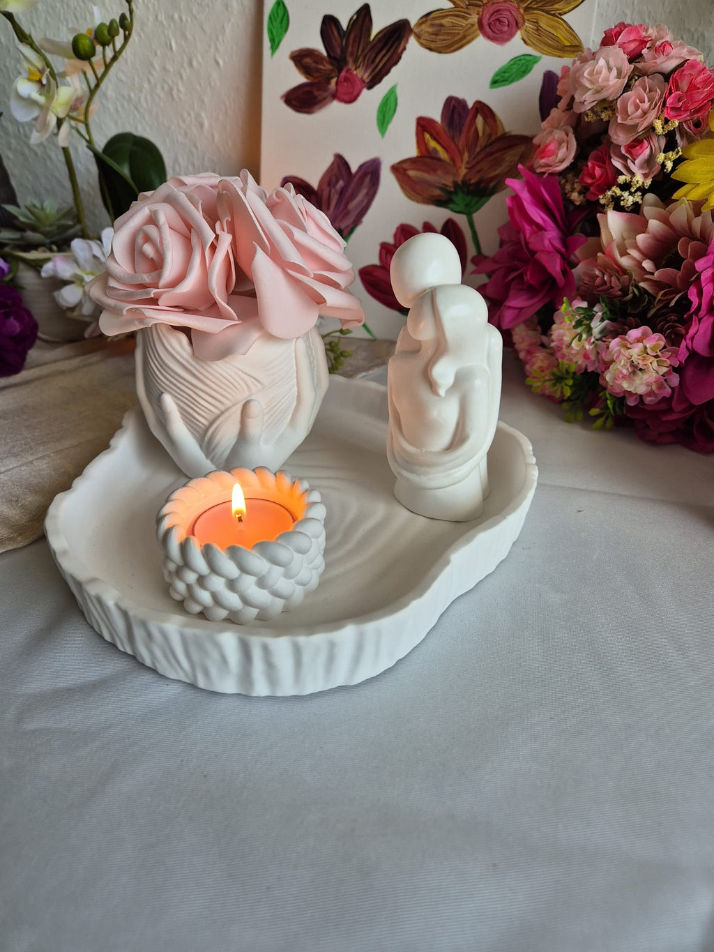 Romantisches Keramik Deko Set Handmade – Modernes Tablett mit Paarfigur, Vase & Kerzenhalter