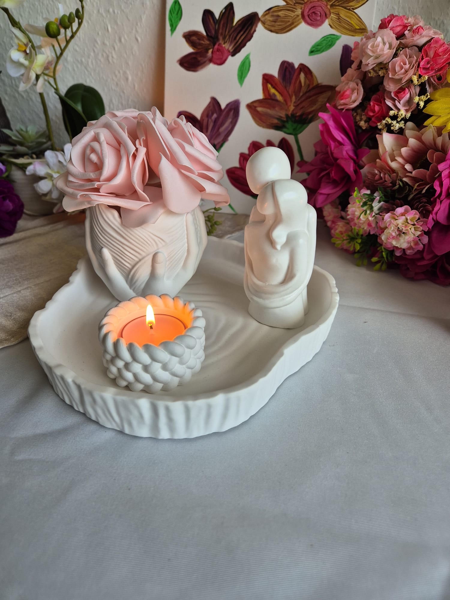Romantisches Keramik Deko Set Handmade – Modernes Tablett mit Paarfigur, Vase & Kerzenhalter