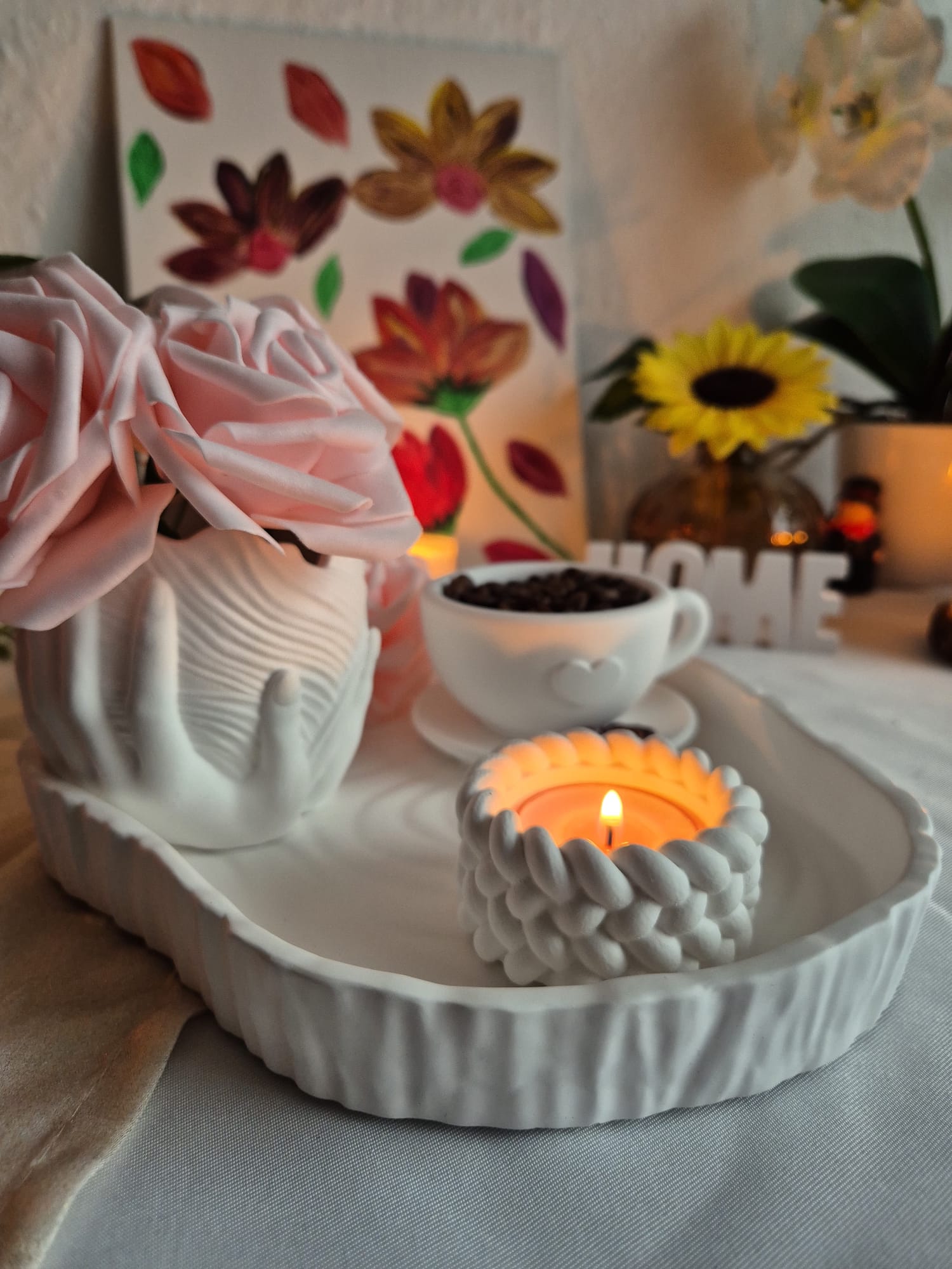 Handgemachtes Keramik Deko Set mit Vase, Tasse & Kerzenthalter – Elegante Home Deko in Weiß