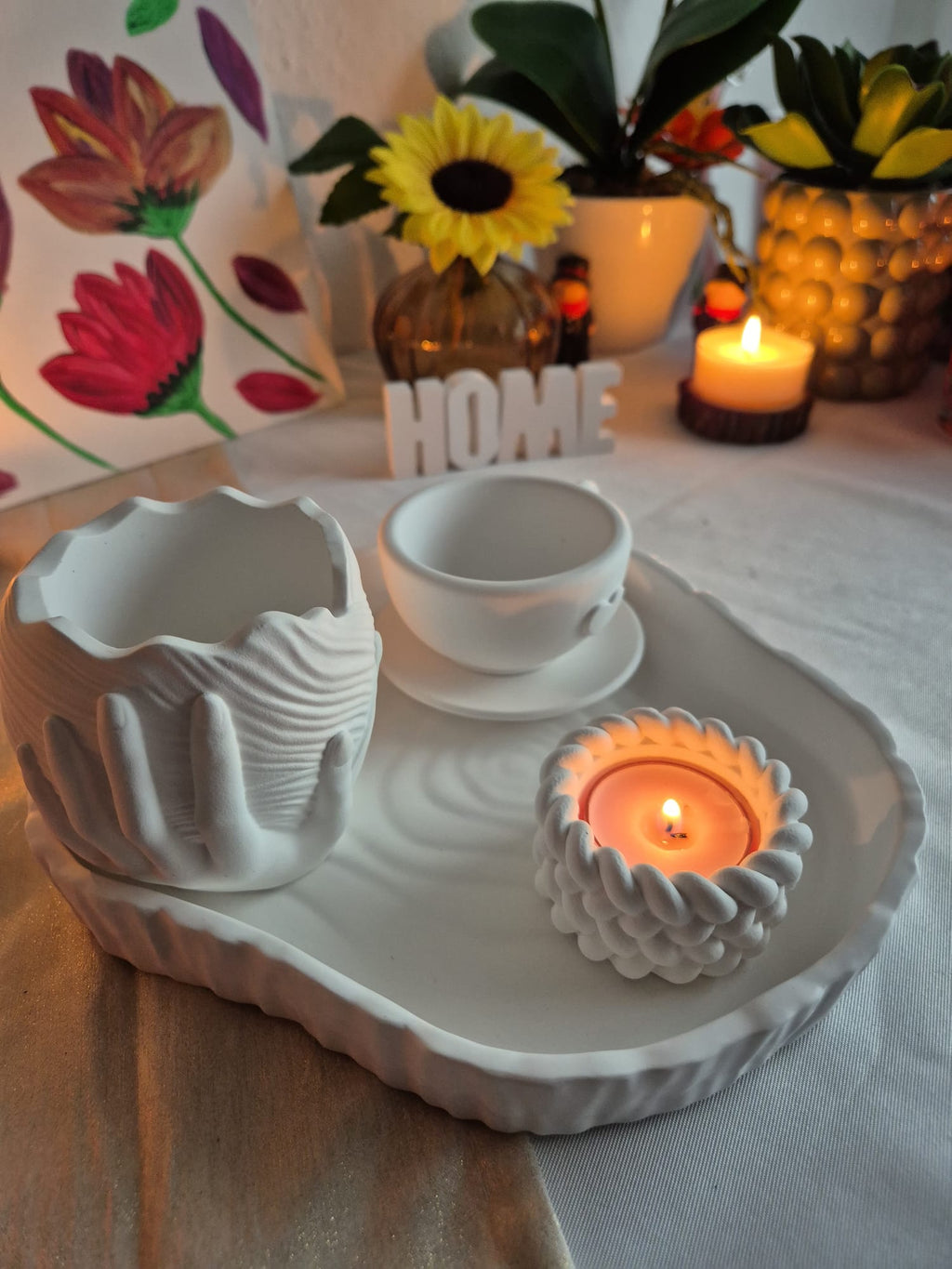 Handgemachtes Keramik Deko Set mit Vase, Tasse & Kerzenthalter – Elegante Home Deko in Weiß