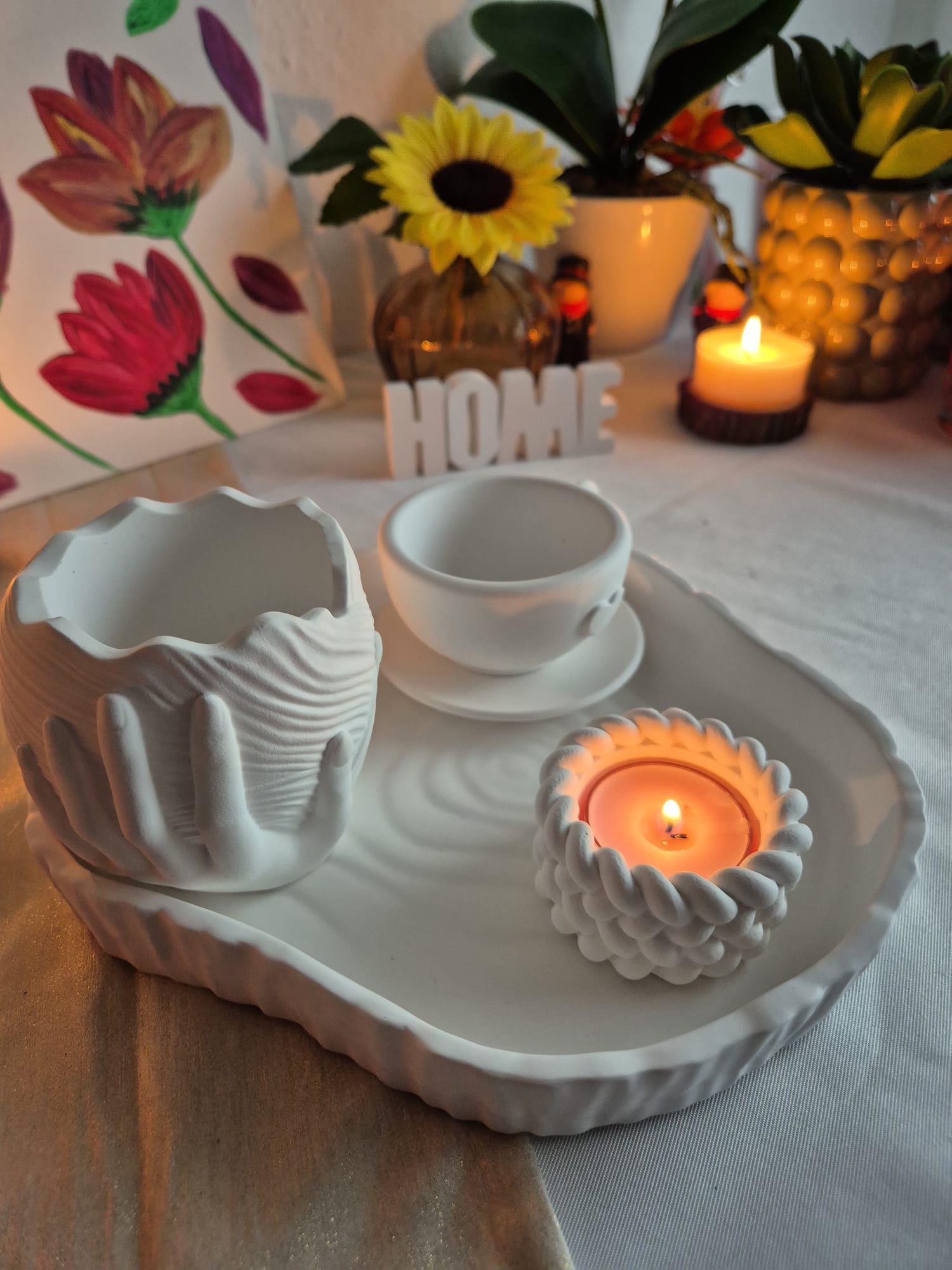 Handgemachtes Keramik Deko Set mit Vase, Tasse & Kerzenthalter – Elegante Home Deko in Weiß