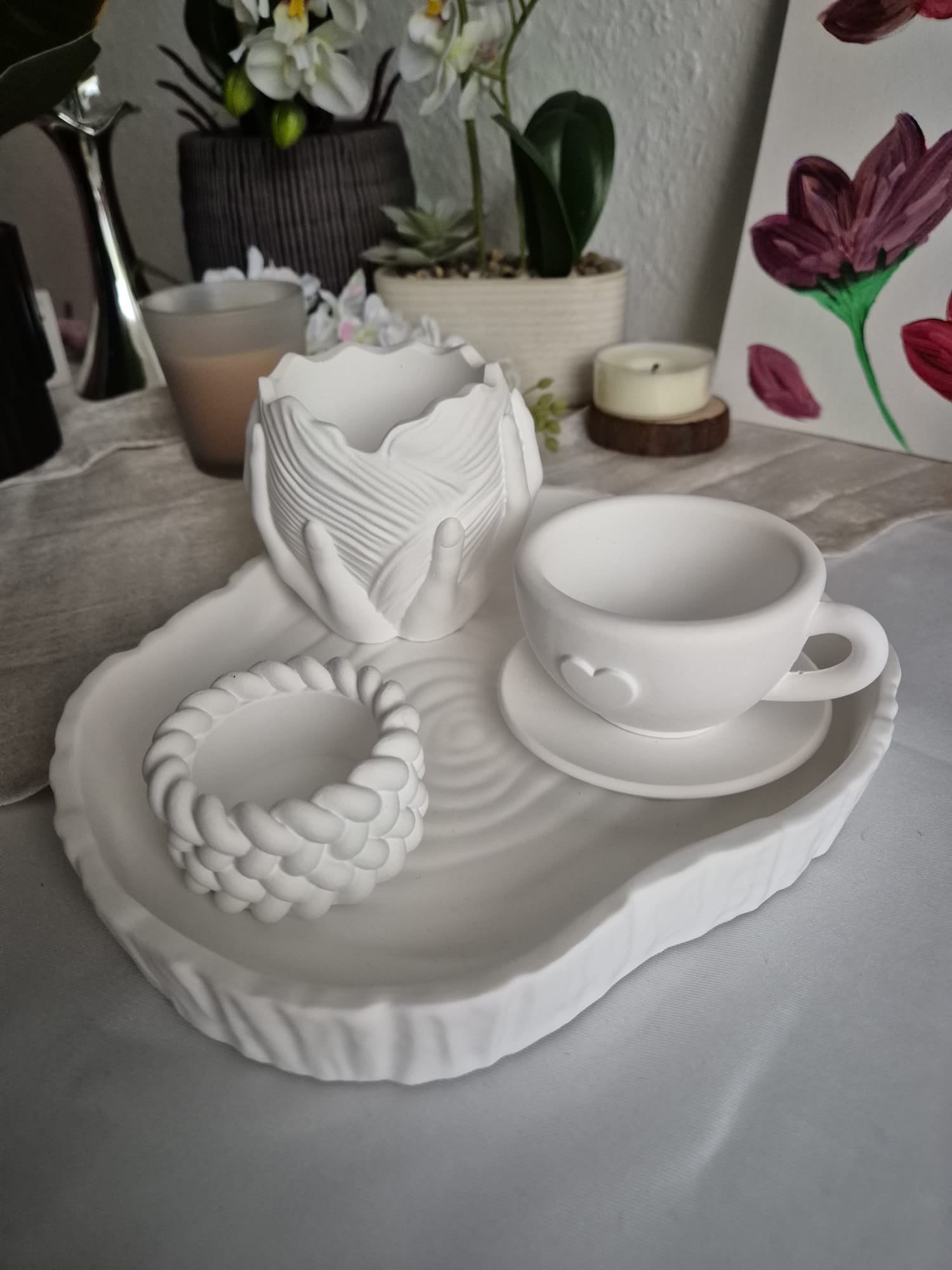 Handgemachtes Keramik Deko Set mit Vase, Tasse & Kerzenthalter – Elegante Home Deko in Weiß
