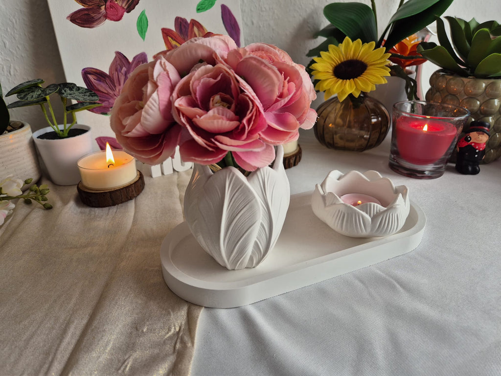 Handgemachtes Keramik Deko Set Weiß – Vase, Lotus Kerzenhalter & Tablett | Elegante Wohnaccessoires