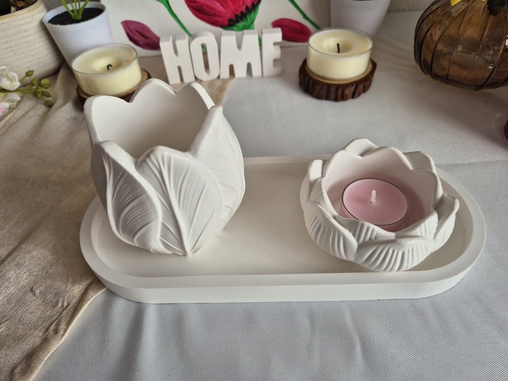 Handgemachtes Keramik Deko Set Weiß – Vase, Lotus Kerzenhalter & Tablett | Elegante Wohnaccessoires