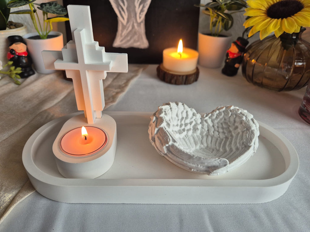 Handgemachtes Gebets- & Erinnerungsset mit Kreuz und Engelsflügeln – spirituelle Dekoration für Gebetsecke, Gedenkort & Seele