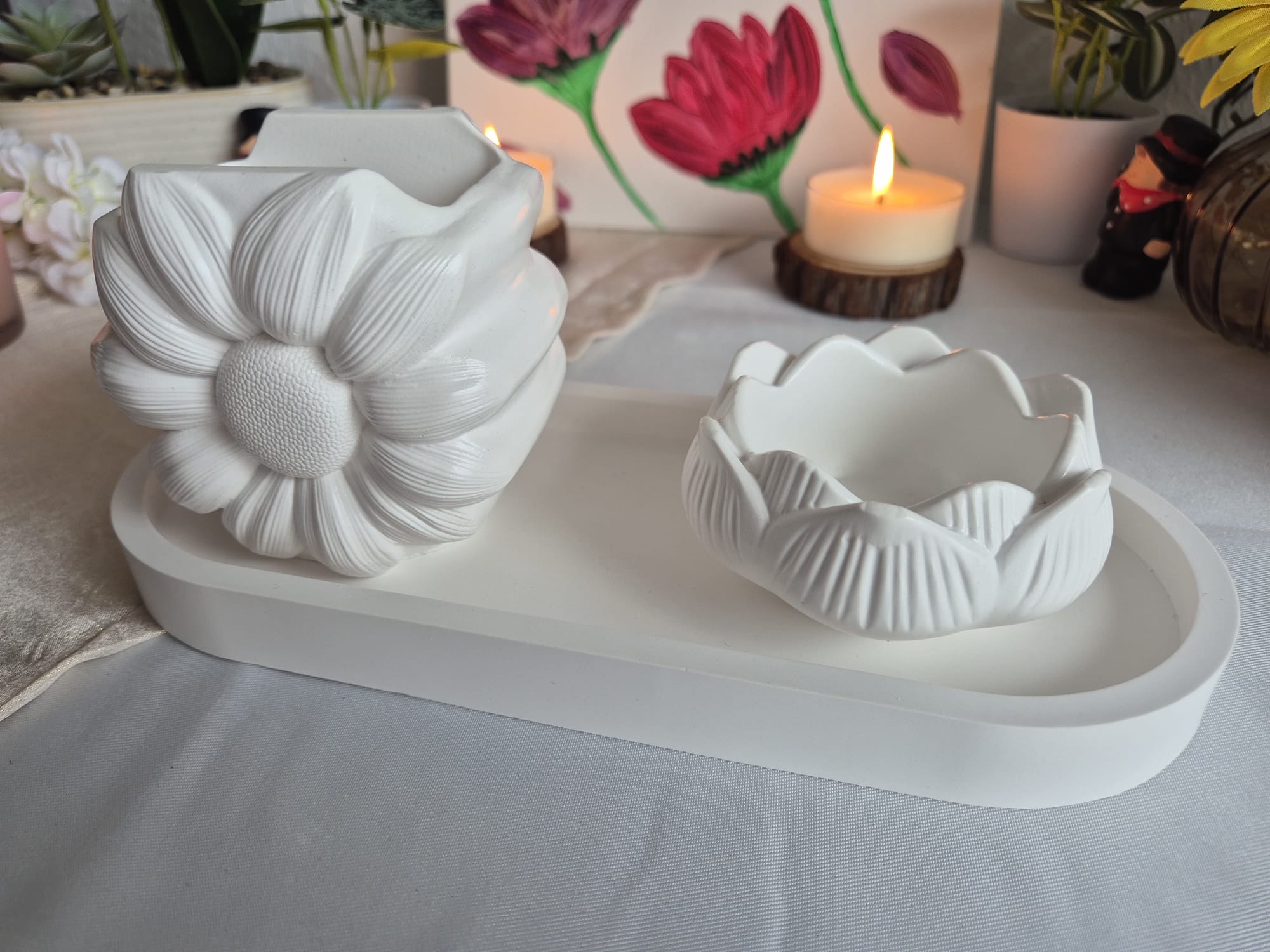 Elegantes Keramik Deko Set mit Vase & Lotus Teelichthalter – Handgemachte Wohnzimmer Dekoration