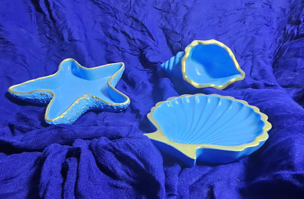 Maritimes Schmuckschalen Set Blau-Gold – Handgemachte Keramik Muschel & Seestern Deko