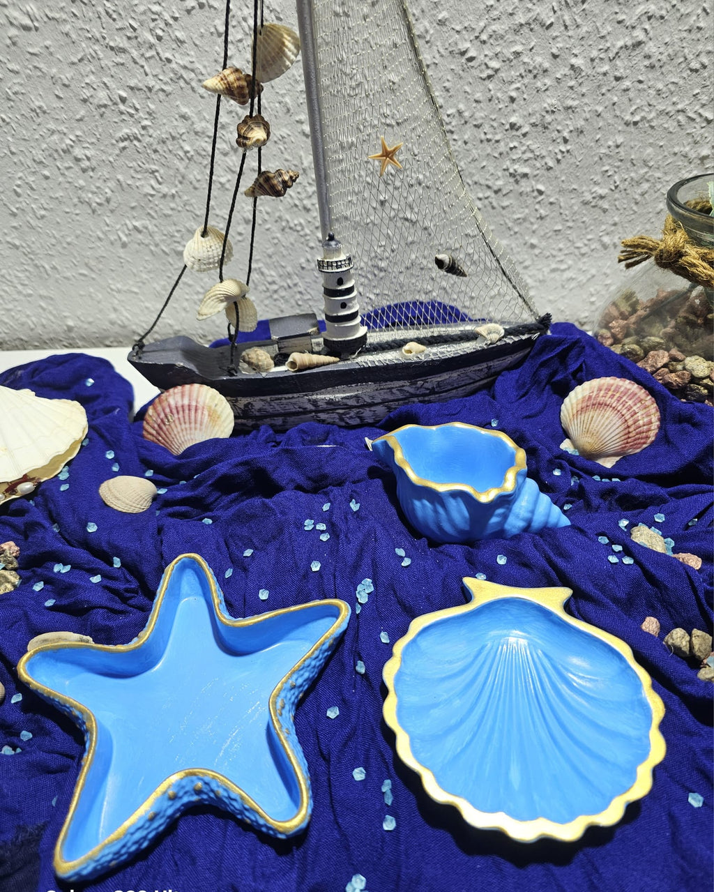 Maritimes Schmuckschalen Set Blau-Gold – Handgemachte Keramik Muschel & Seestern Deko