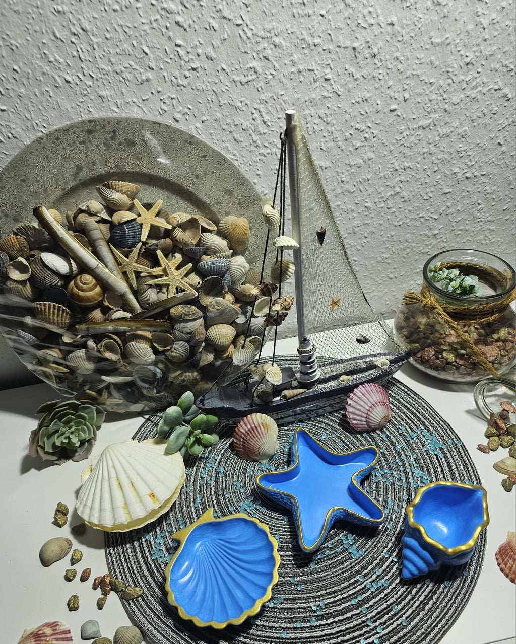 Maritimes Schmuckschalen Set Blau-Gold – Handgemachte Keramik Muschel & Seestern Deko