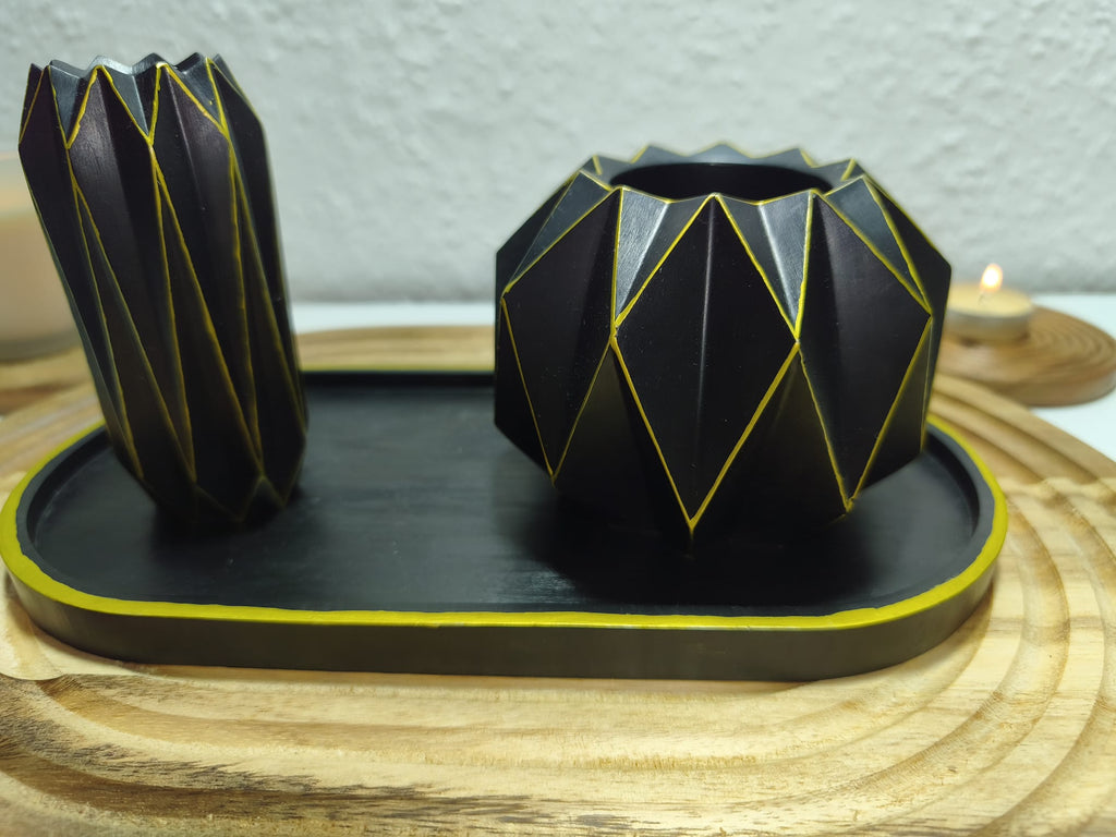Deko Set Schwarz Gold – Handgefertigte Vasen & Tablett | Moderne Wohndeko